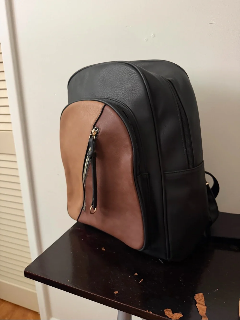 Black Backpack with Tan and Brown Front Panel - Unbranded